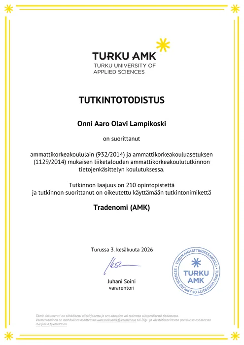 Degree certificate in Finnish, Turku University of Applied Sciences